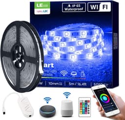 LE Ruban LED Connecté WIFI 5M 24W Étanche IP65, RGB 5050 16 Millions de Couleurs, Bande LED Adjustable Découpable avec Minuterie et Télécommande, Compatible avec Alexa, Google Home, Smartphone APP